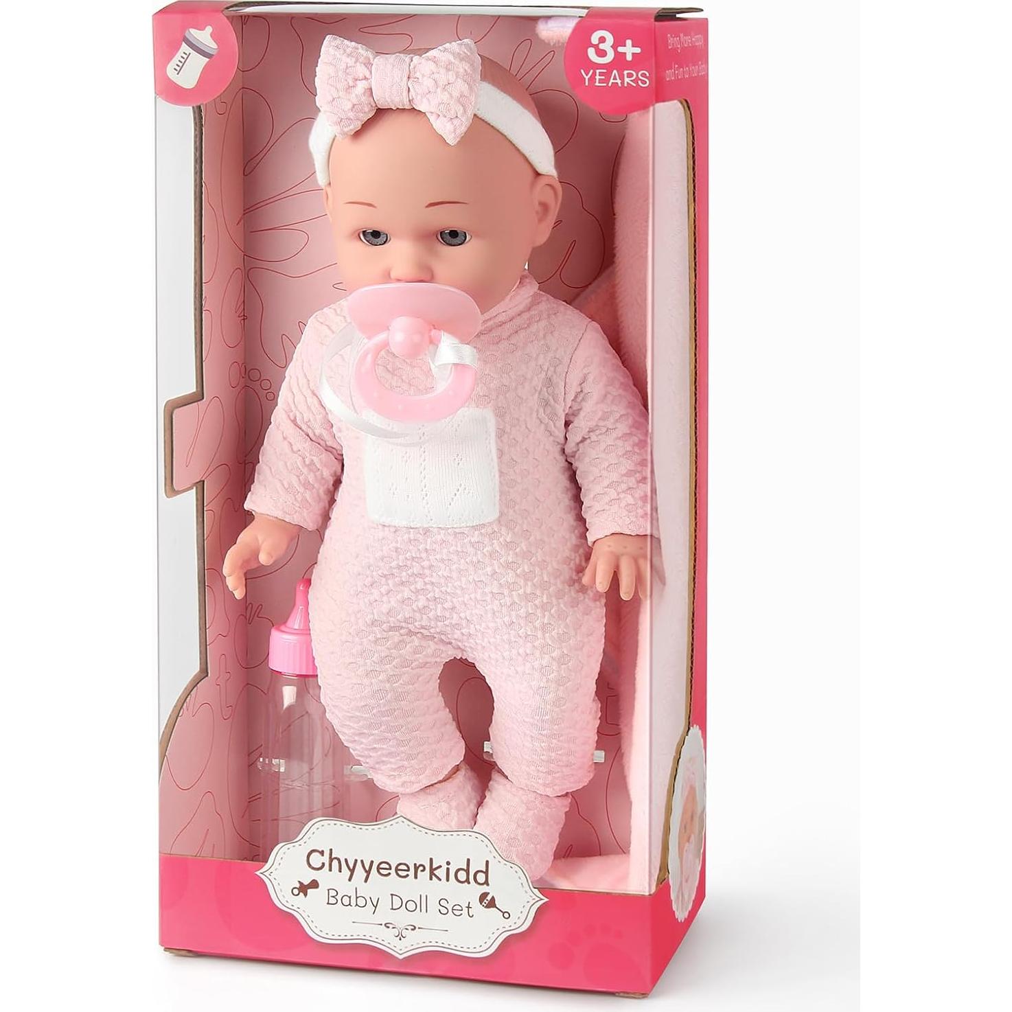 Muñeca 30 cm Chyyeerkidd con chupete y biberón rosa