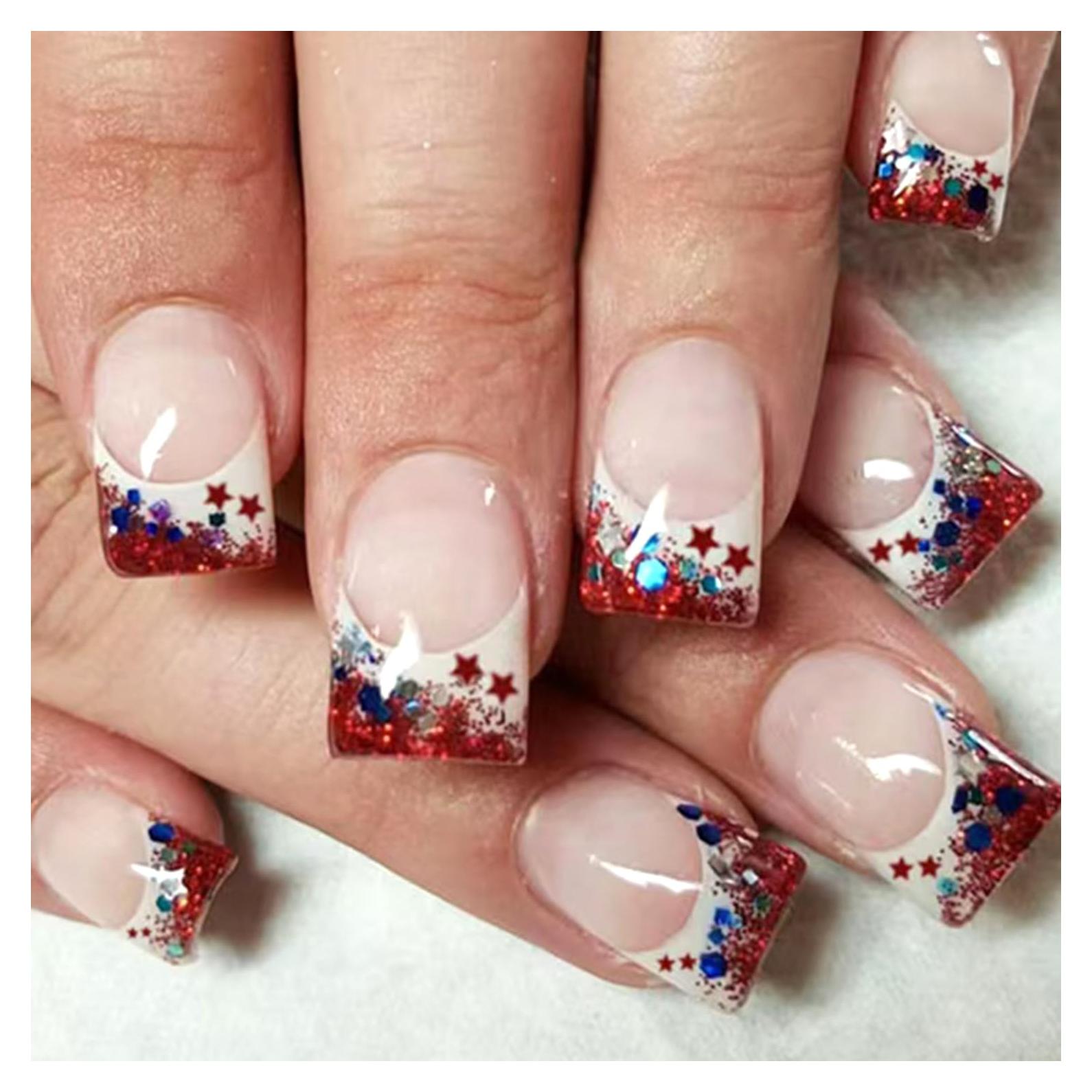 Uñas Postizas Cortas Acrílicas Vopintpy 24 Piezas Día de la Independencia