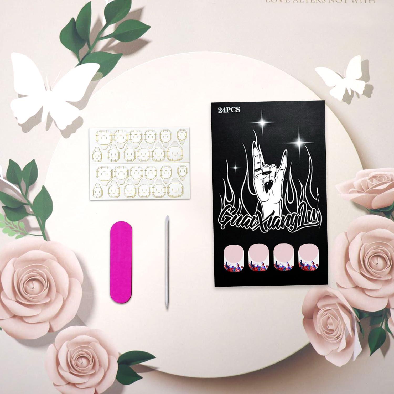 Uñas Postizas Cortas Acrílicas Vopintpy 24 Piezas Día de la Independencia