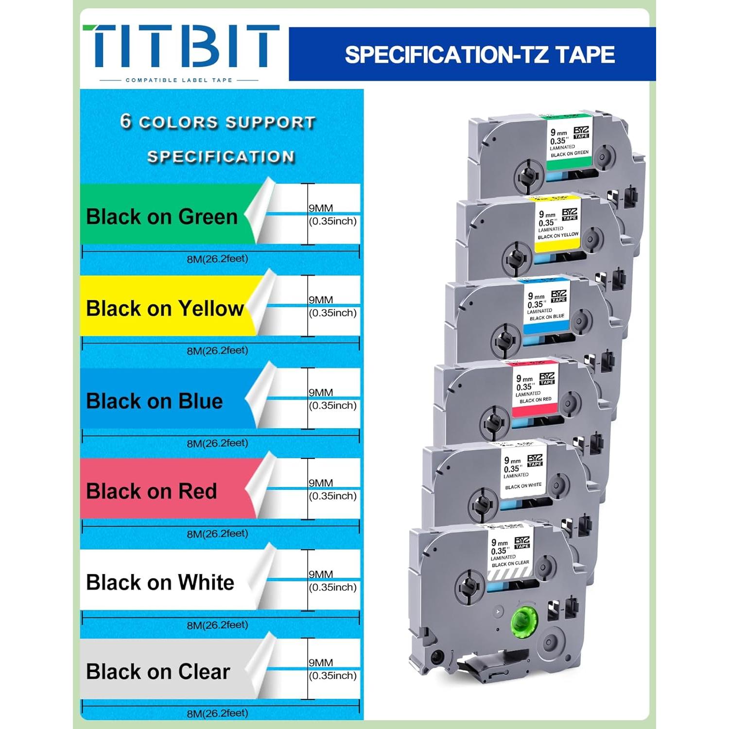 Paquete de 6 cintas de etiquetado TITBIT 9mm laminadas colores