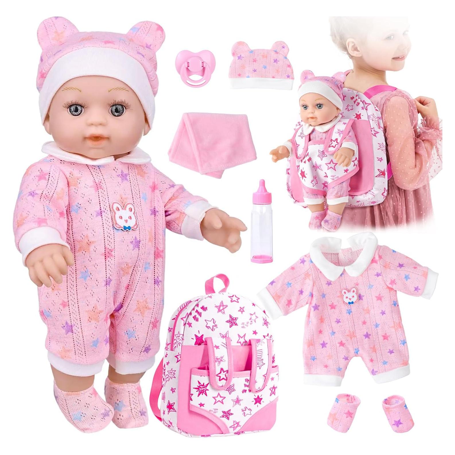 Muñeca BDDOLL 30 cm con mochila rosa y accesorios