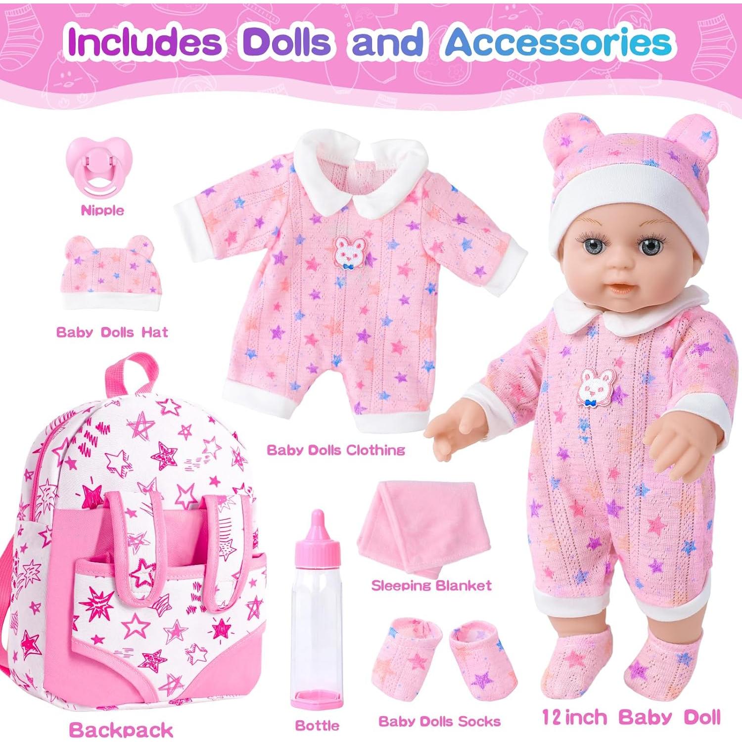 Muñeca BDDOLL 30 cm con mochila rosa y accesorios