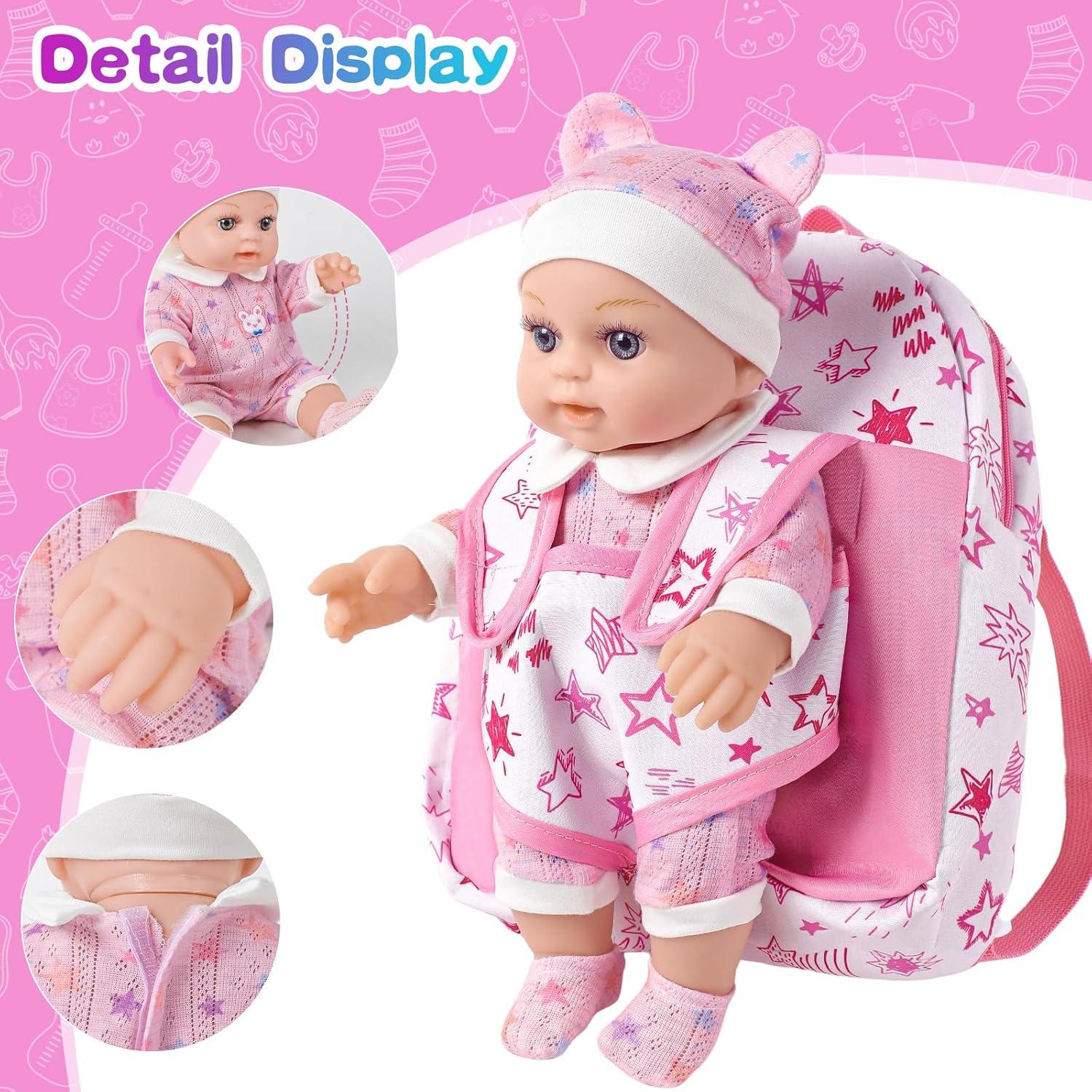 Muñeca BDDOLL 30 cm con mochila rosa y accesorios
