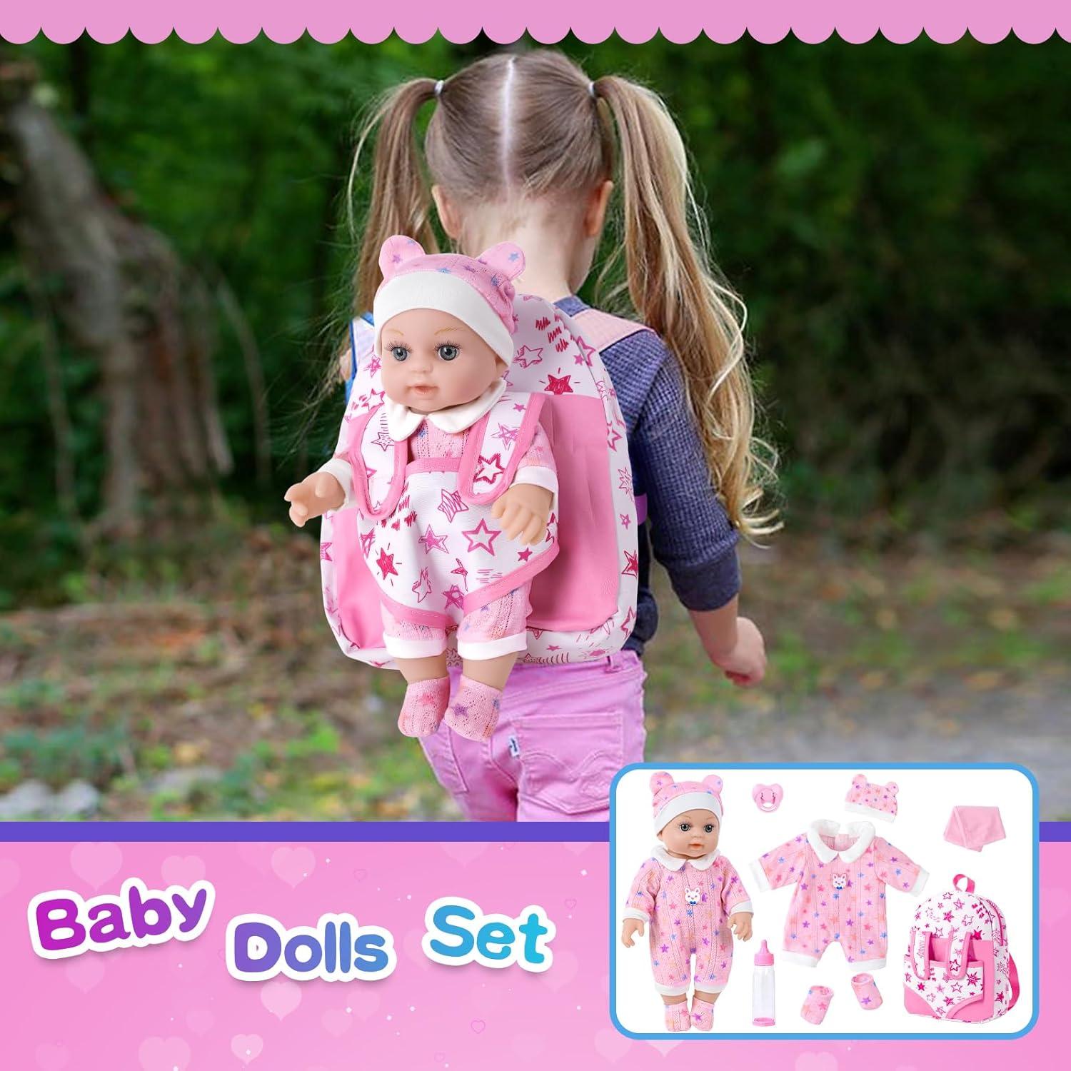 Muñeca BDDOLL 30 cm con mochila rosa y accesorios