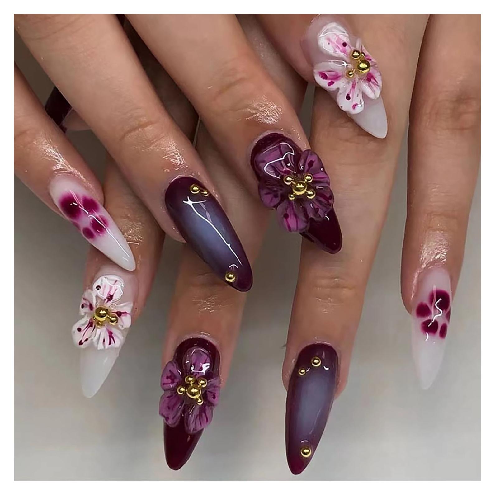 Uñas Postizas LOPMNGHT Almendra 3D Flores 24 Piezas