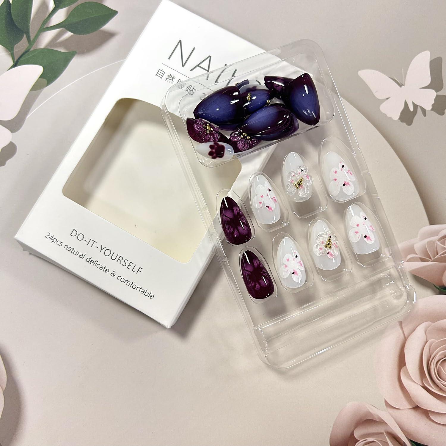 Uñas Postizas LOPMNGHT Almendra 3D Flores 24 Piezas