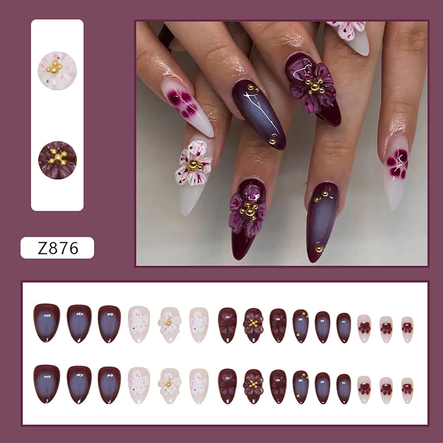 Uñas Postizas LOPMNGHT Almendra 3D Flores 24 Piezas