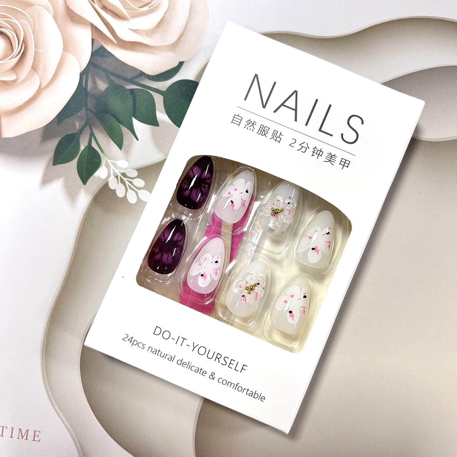 Uñas Postizas LOPMNGHT Almendra 3D Flores 24 Piezas