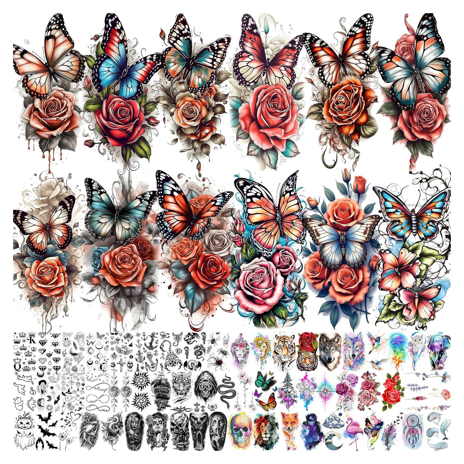 71 Hojas Tatuajes Temporales GOCOLORING Acuarela Mariposas y Rosas