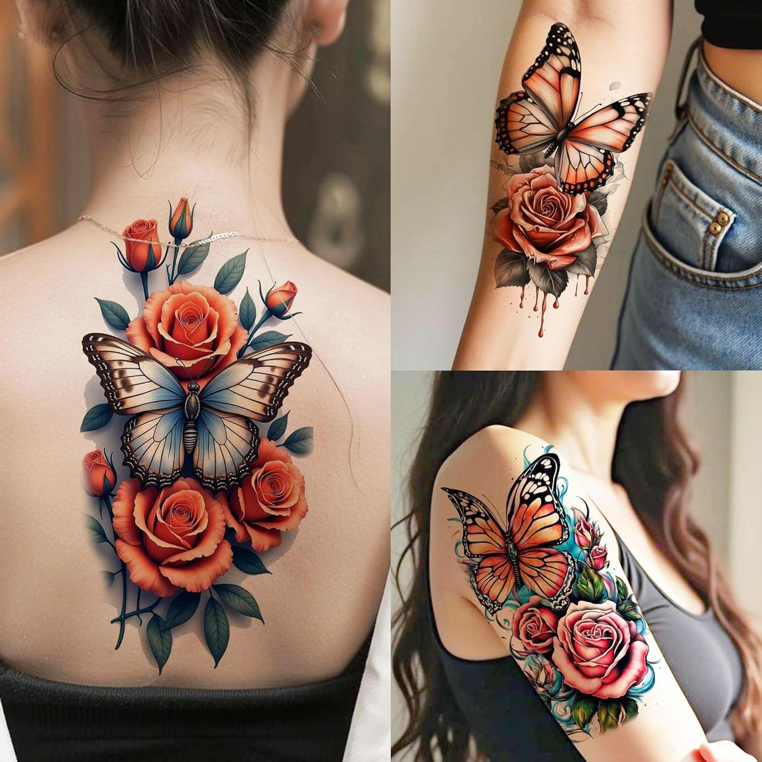 71 Hojas Tatuajes Temporales GOCOLORING Acuarela Mariposas y Rosas
