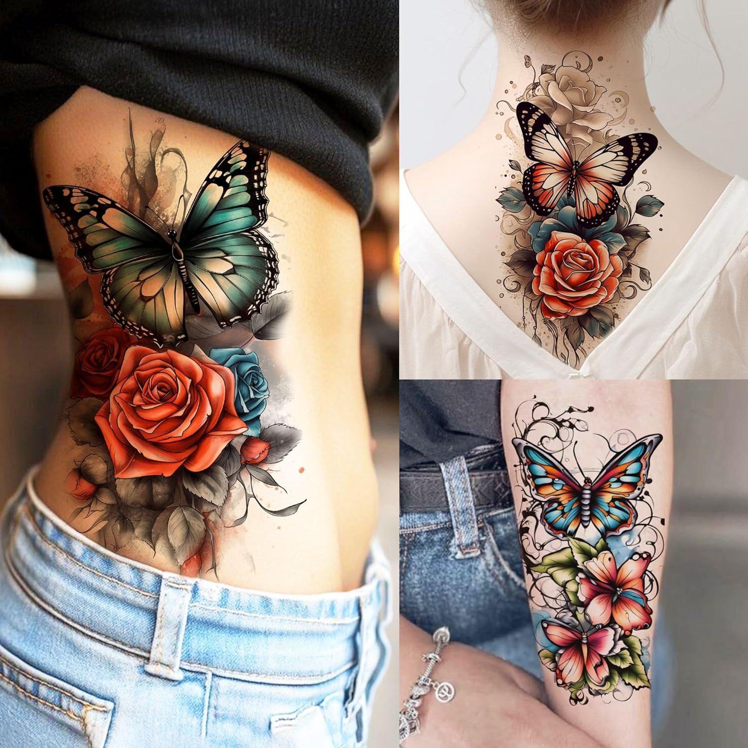 71 Hojas Tatuajes Temporales GOCOLORING Acuarela Mariposas y Rosas