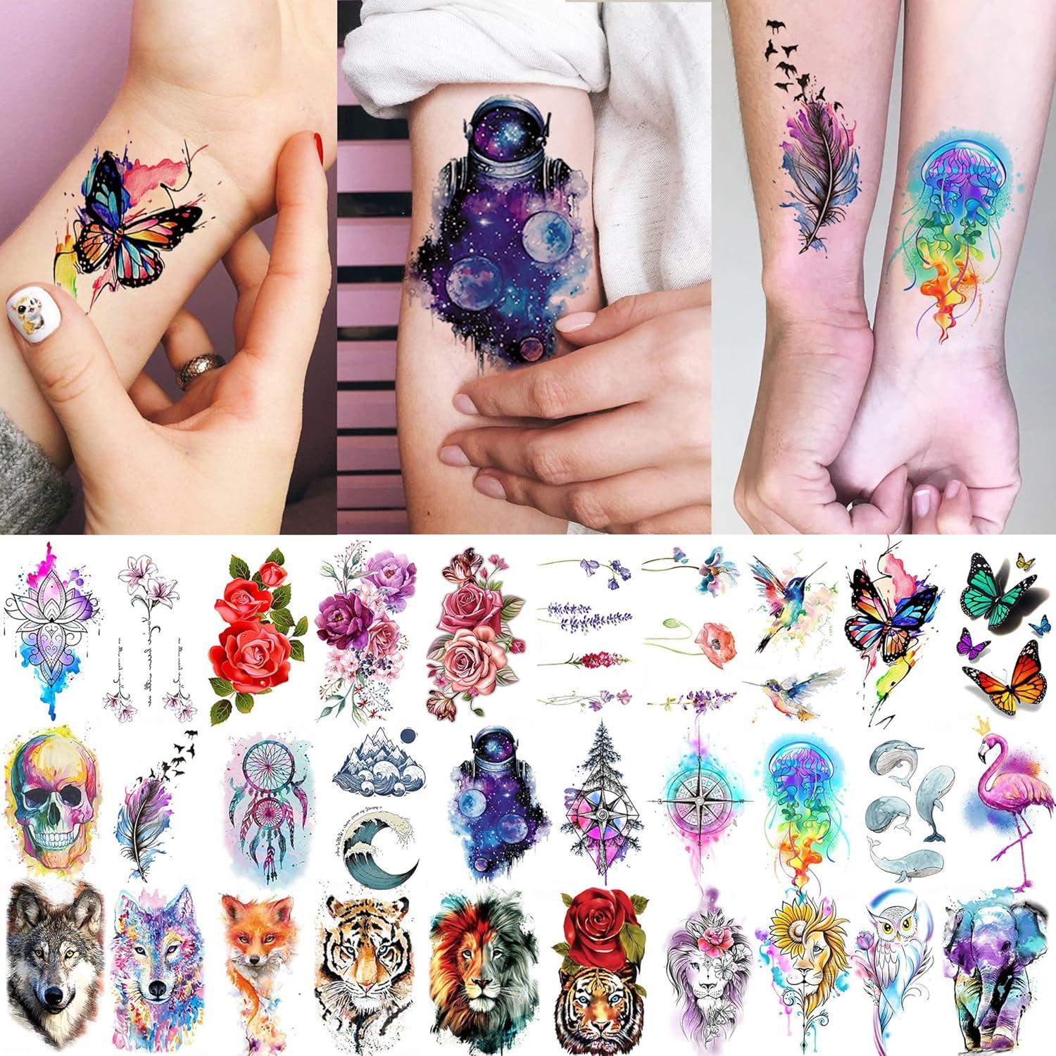 71 Hojas Tatuajes Temporales GOCOLORING Acuarela Mariposas y Rosas