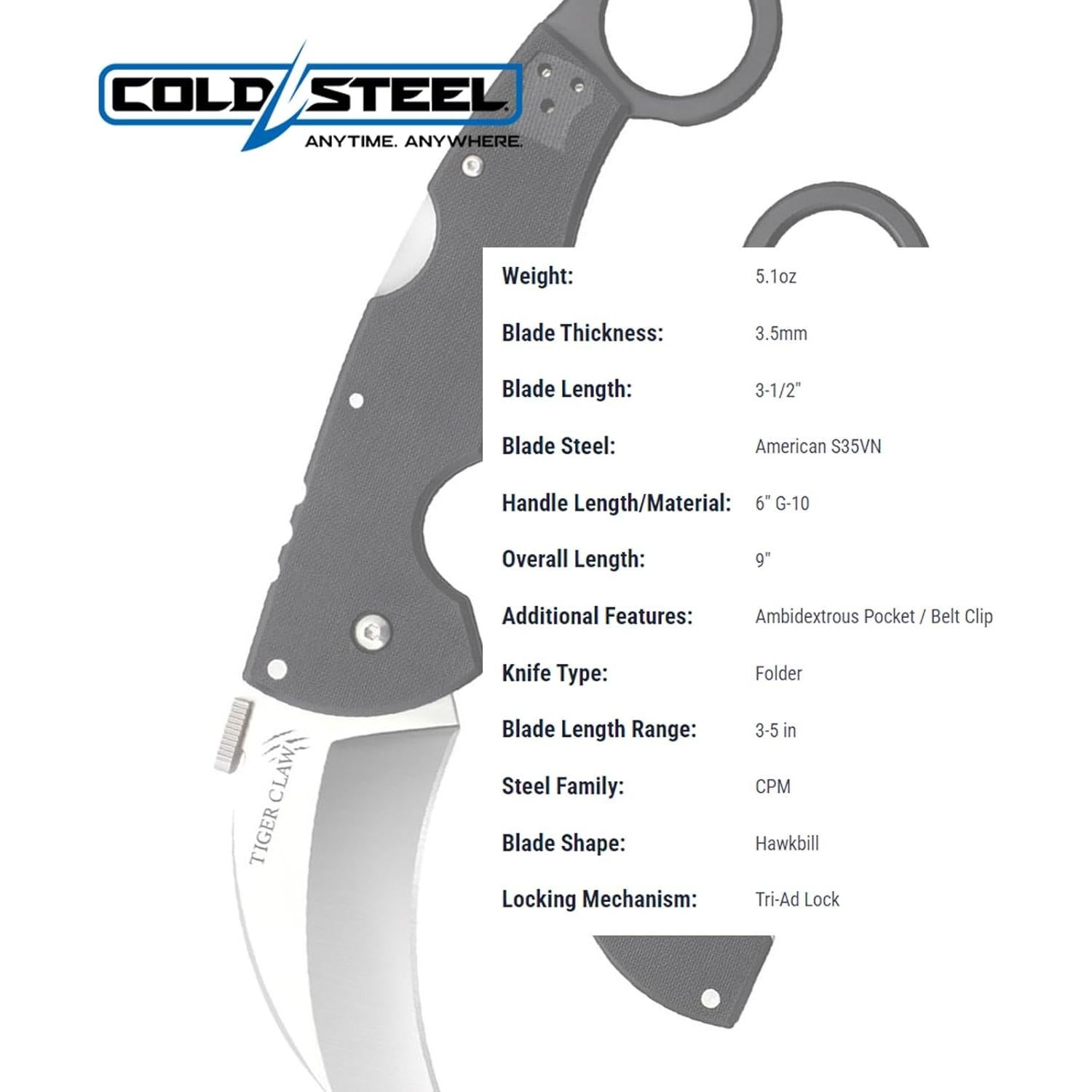 Cuchillo Plegable Cold Steel Tiger Claw 7.6 cm S35VN EDC Táctico