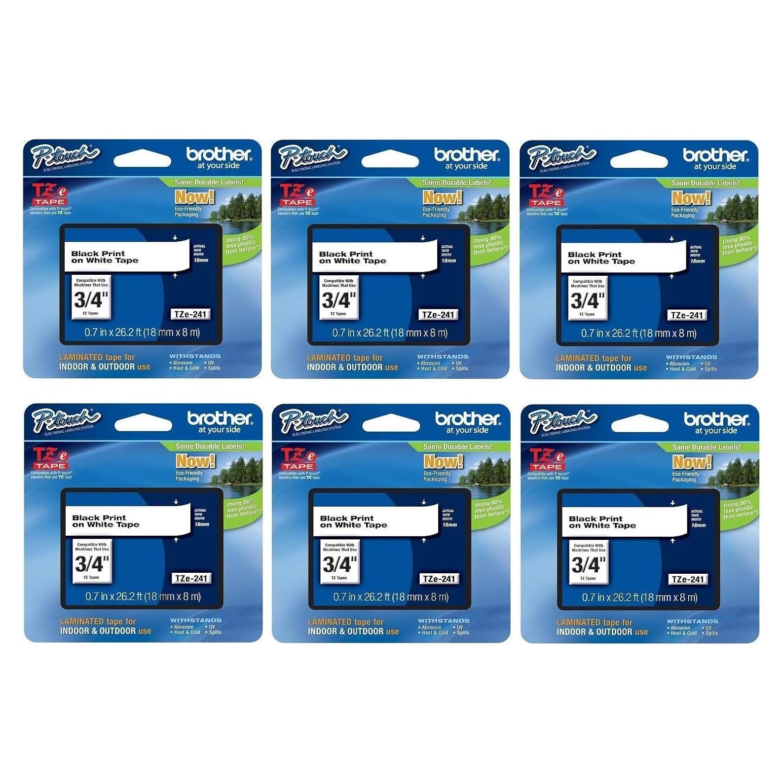 Cinta Laminada Brother TZe-241 Negra sobre Blanco 18mm 6-Pack