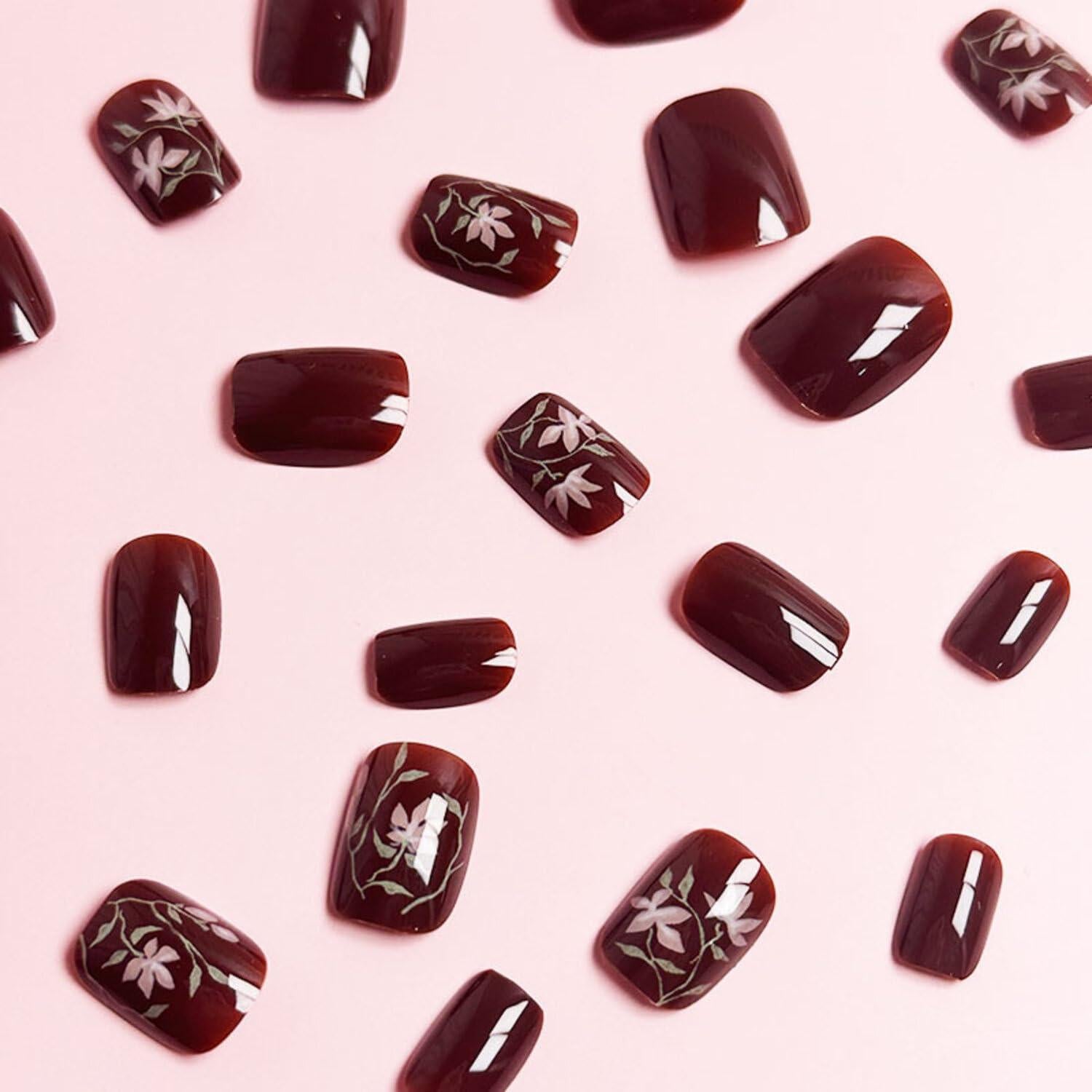 Uñas Postizas Cortas Cuadradas MIXFOSAHN con Flores 24 Pcs