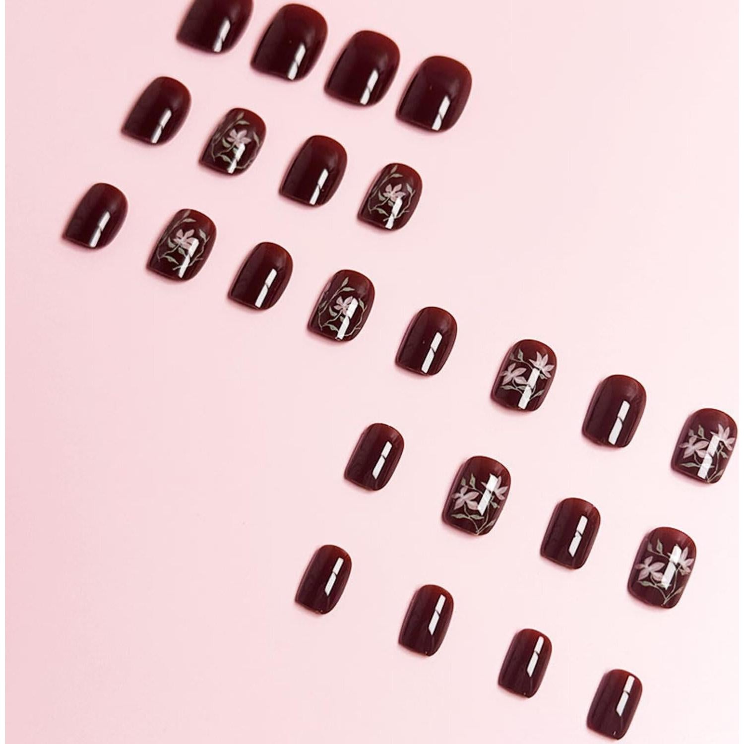 Uñas Postizas Cortas Cuadradas MIXFOSAHN con Flores 24 Pcs