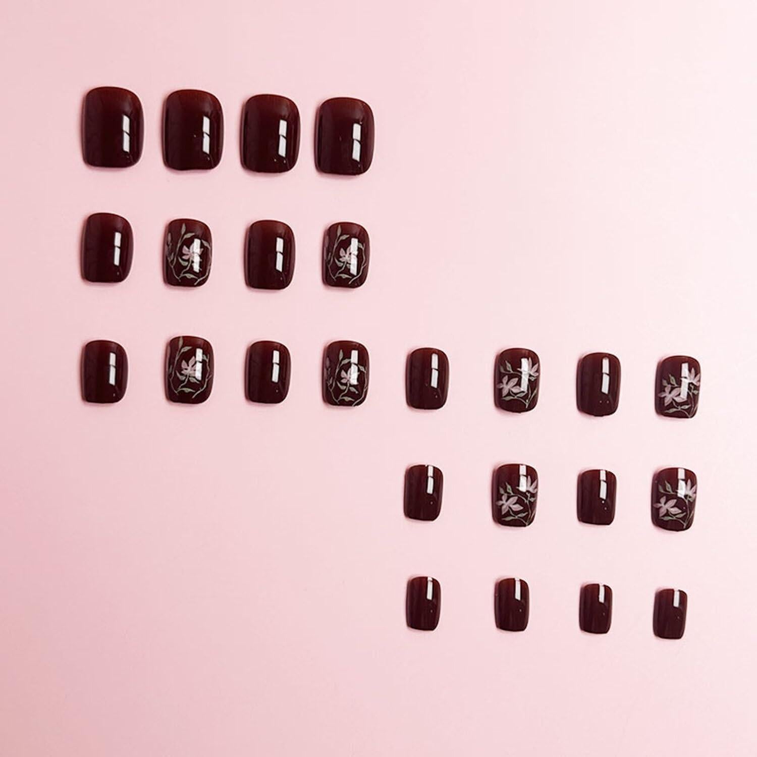 Uñas Postizas Cortas Cuadradas MIXFOSAHN con Flores 24 Pcs