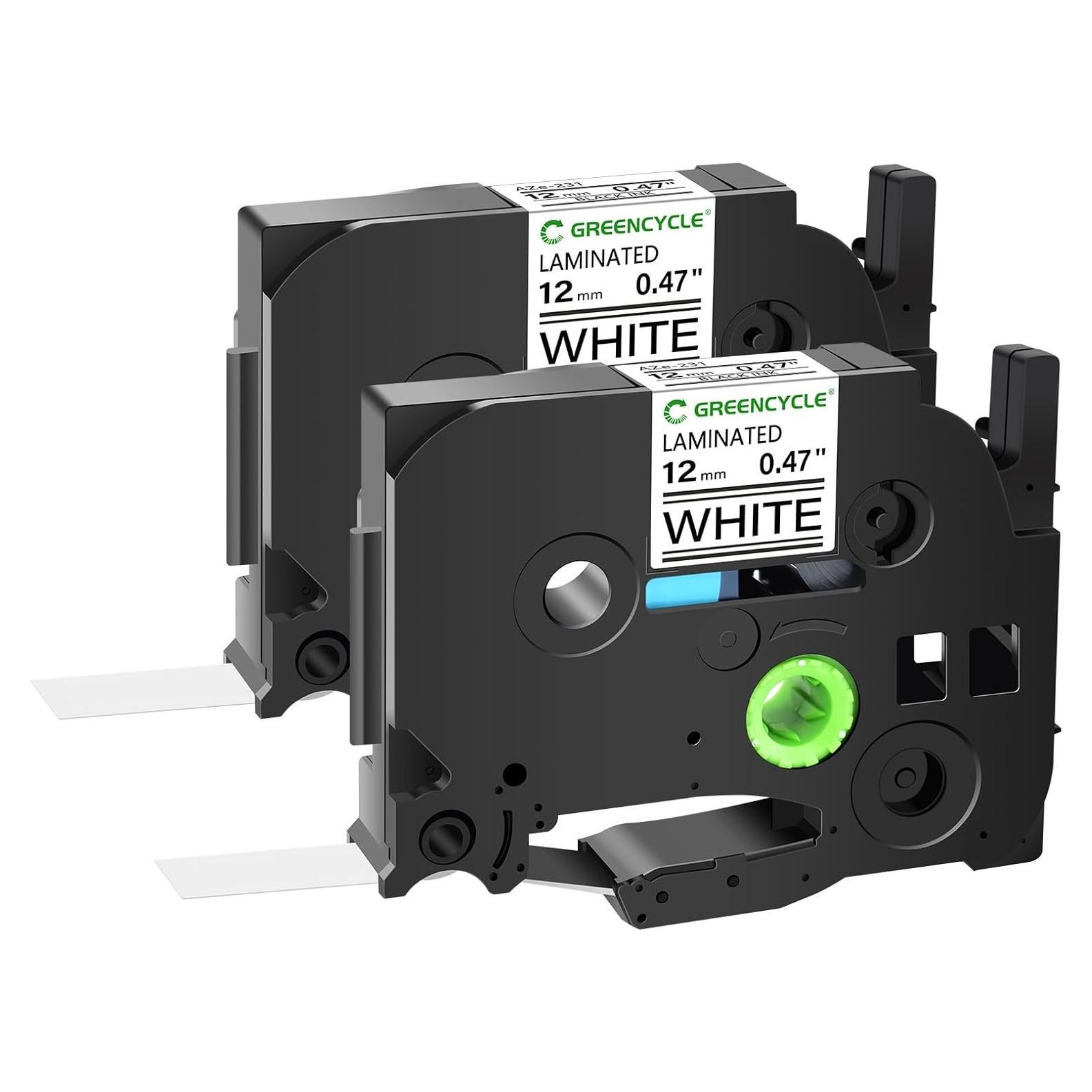Cinta de Etiqueta Laminada GREENCYCLE 12mm Negra sobre Blanca - 2 Pack