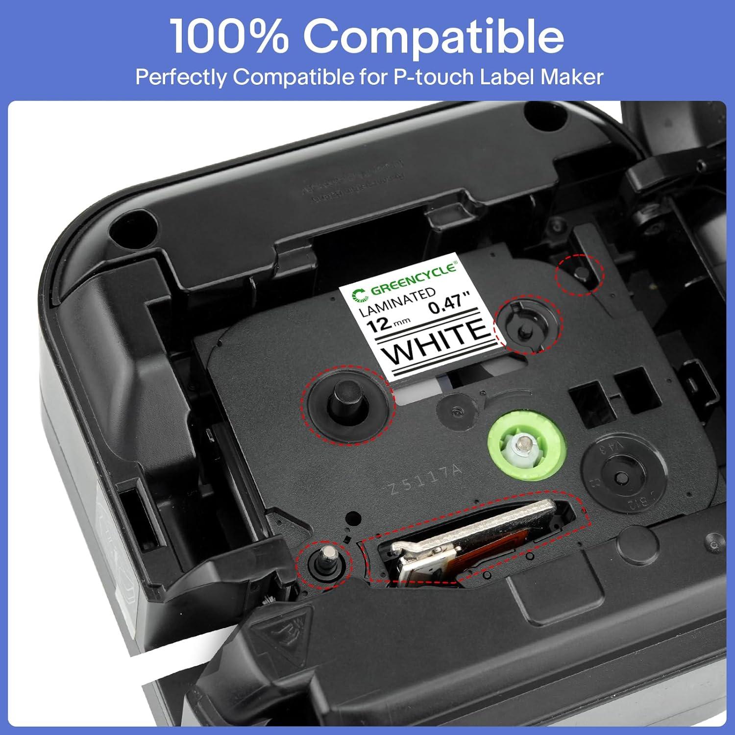 Cinta de Etiqueta Laminada GREENCYCLE 12mm Negra sobre Blanca - 2 Pack