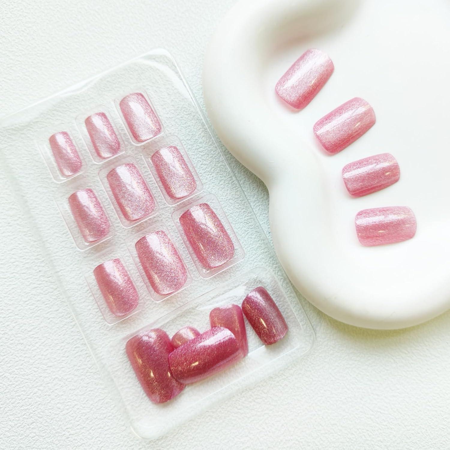 Uñas Postizas Acrílicas Rosadas Cuadradas 24Pcs KKUUOO