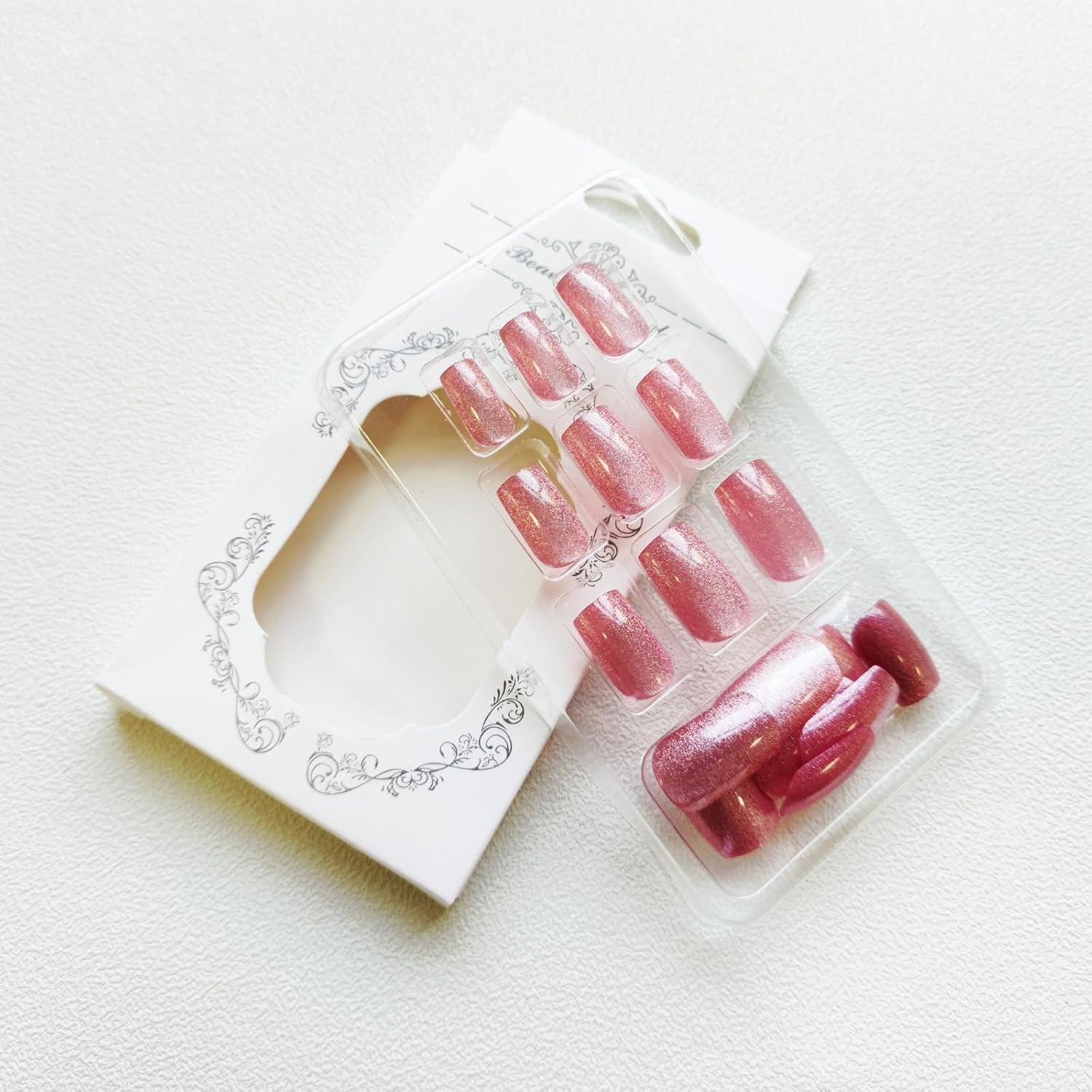 Uñas Postizas Acrílicas Rosadas Cuadradas 24Pcs KKUUOO