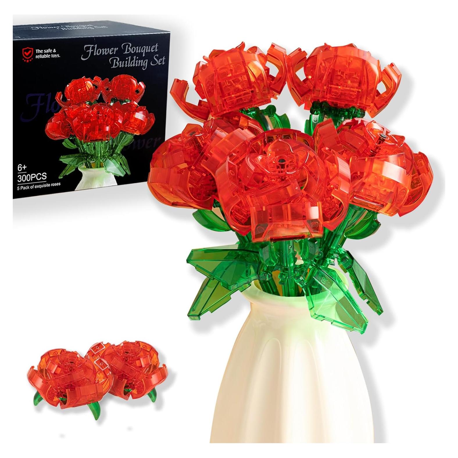 Ramo de Flores Artificiales DIY Qesfir con Jarrón Rojo