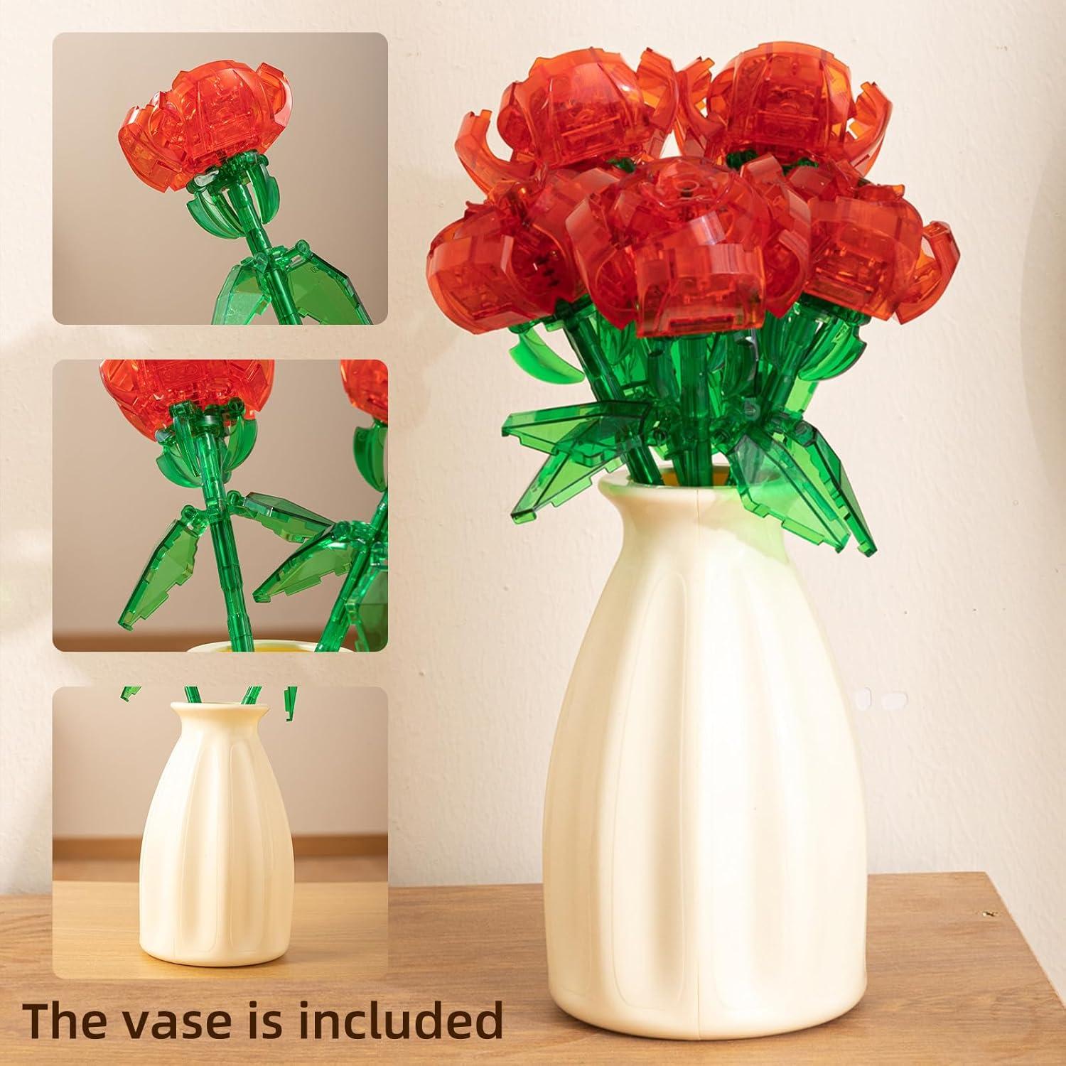 Ramo de Flores Artificiales DIY Qesfir con Jarrón Rojo