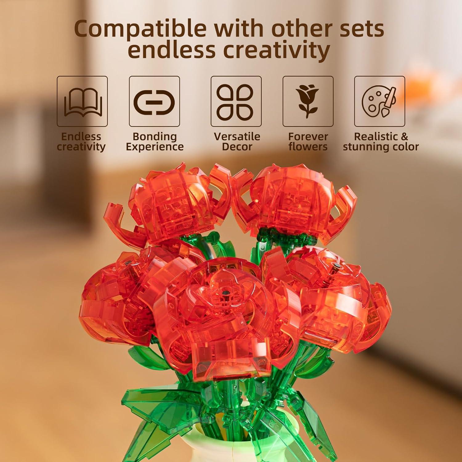 Ramo de Flores Artificiales DIY Qesfir con Jarrón Rojo