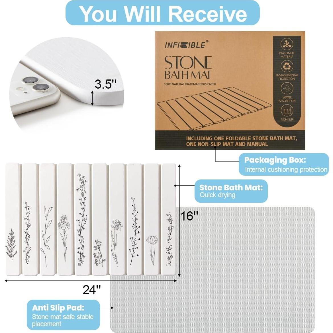 Alfombra de Baño Plegable INFISIBLE 61x41 cm Diatomita Floral Negra