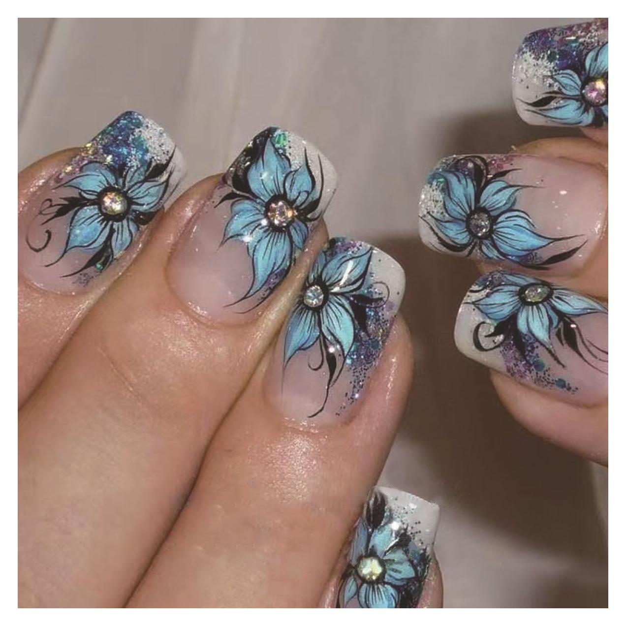 24 Uñas Postizas Cuadradas OCOUYVD con Flores Azules y Brillantes