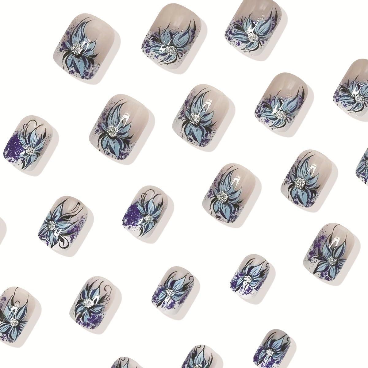24 Uñas Postizas Cuadradas OCOUYVD con Flores Azules y Brillantes
