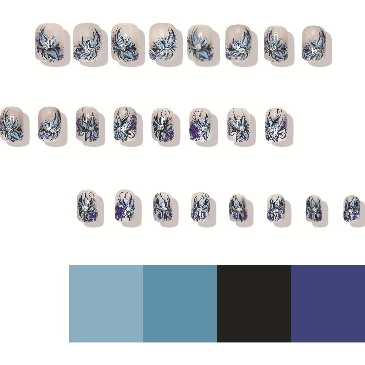 24 Uñas Postizas Cuadradas OCOUYVD con Flores Azules y Brillantes