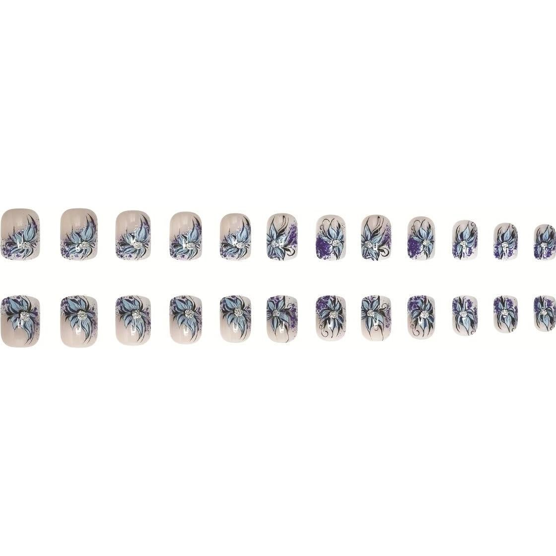 24 Uñas Postizas Cuadradas OCOUYVD con Flores Azules y Brillantes