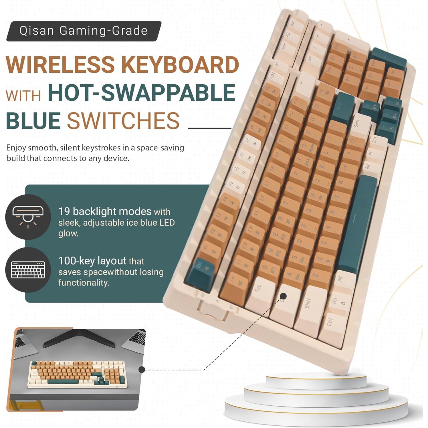 Teclado Mecánico Inalámbrico Qisan 100 Teclas RGB Interruptor Azul