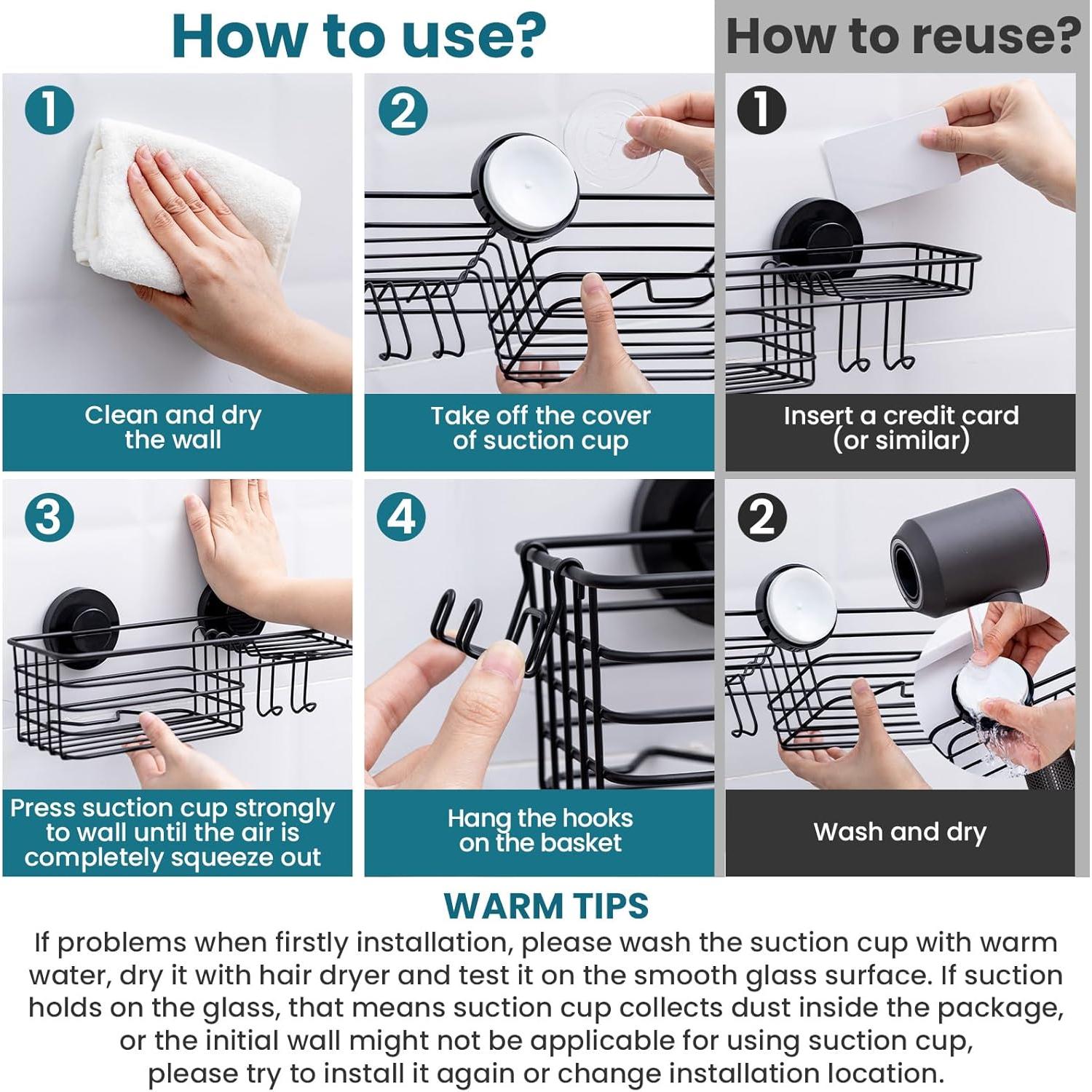 Caddy de Ducha TAILI Negro con Ventosas y Soporte para Jabón