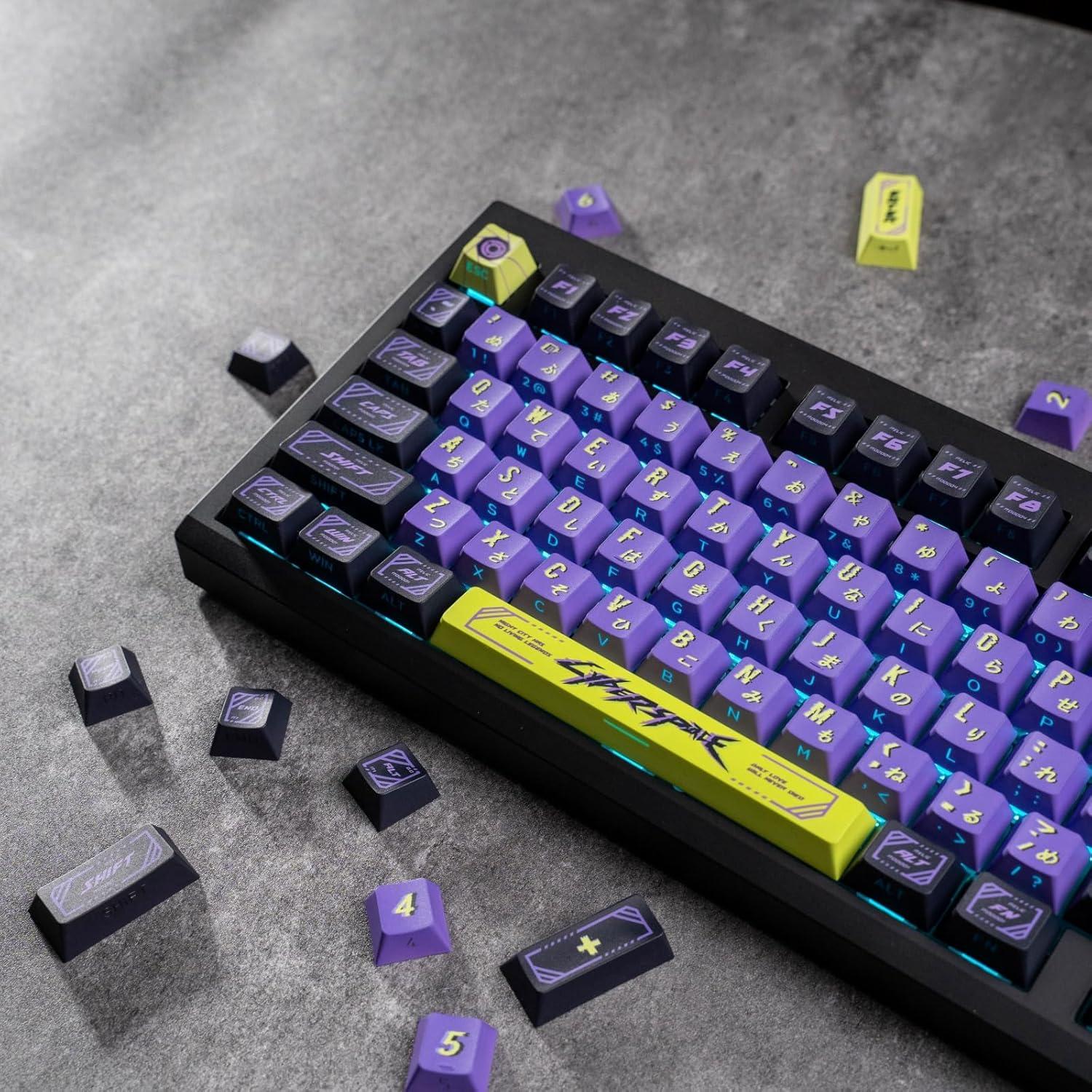Teclas PBT Cyberpunk ULTRAEQUIP - 130 Teclas Moradas y Verdes
