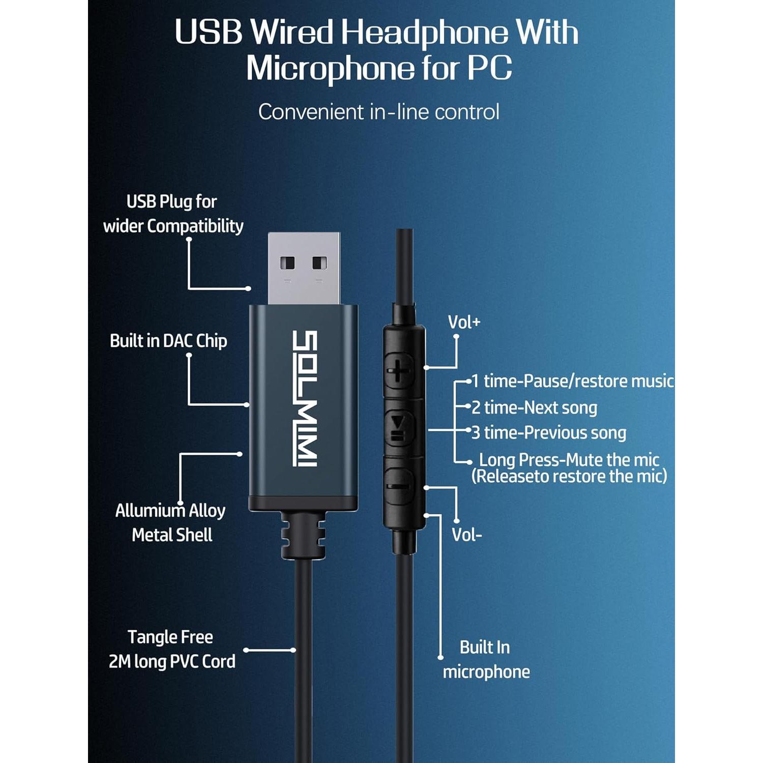 Auriculares USB con micrófono SOLMIMI 2m para PC y PS4/PS5