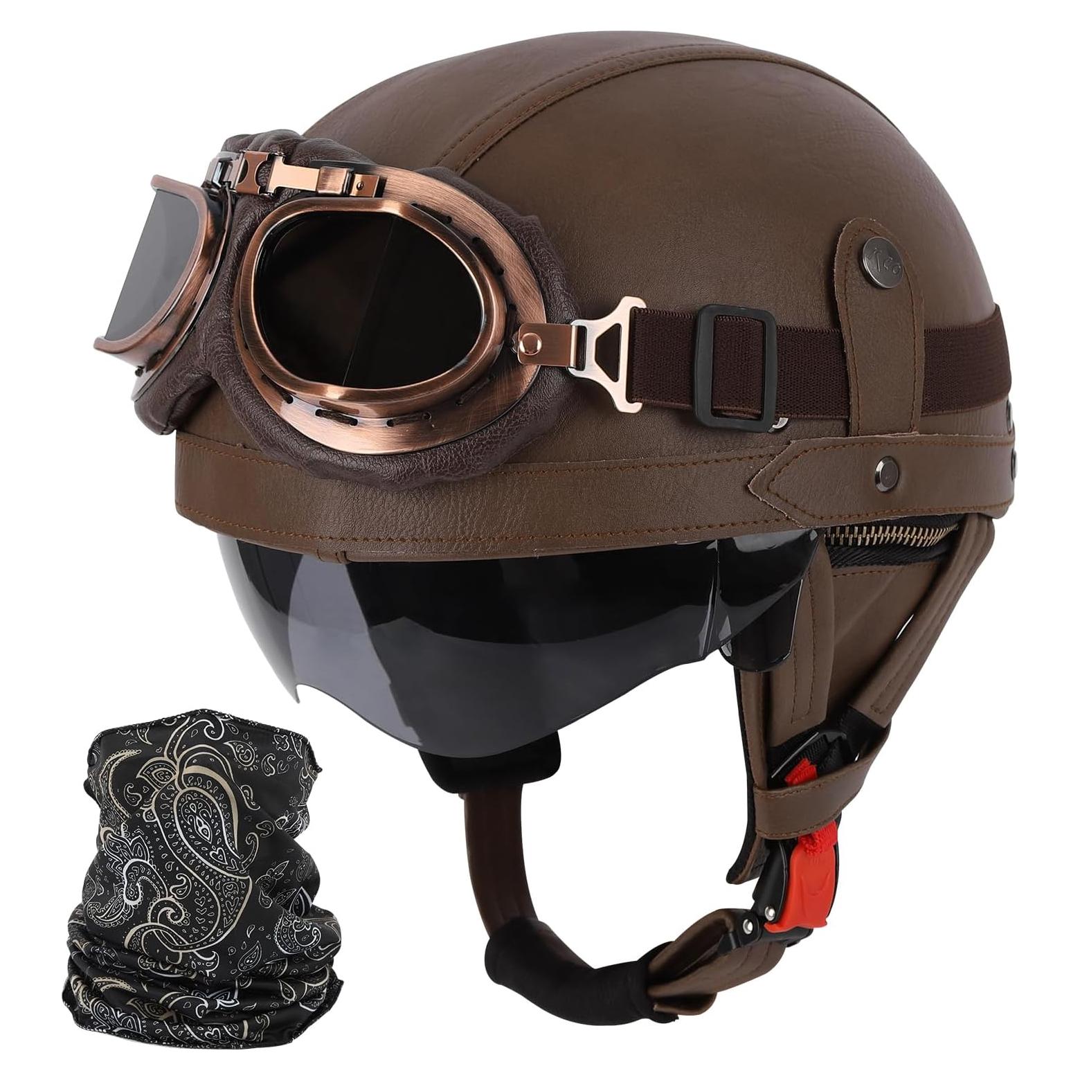 Casco de motocicleta ZGMZLBBD Retro Negro S 55-56cm con gafas