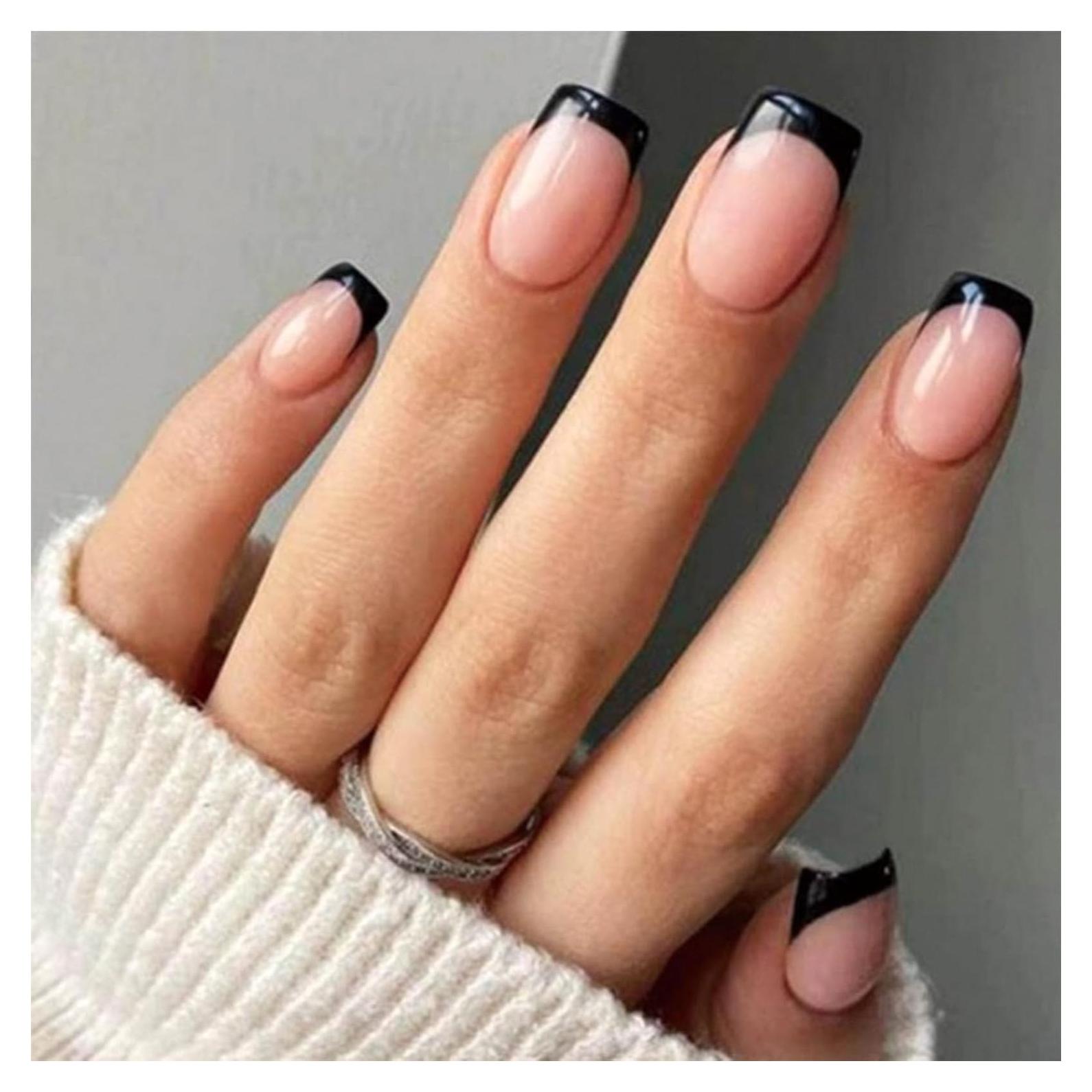 Uñas Postizas Cortas Medias BDRUIXING Punta Francesa Negra 24 Pcs