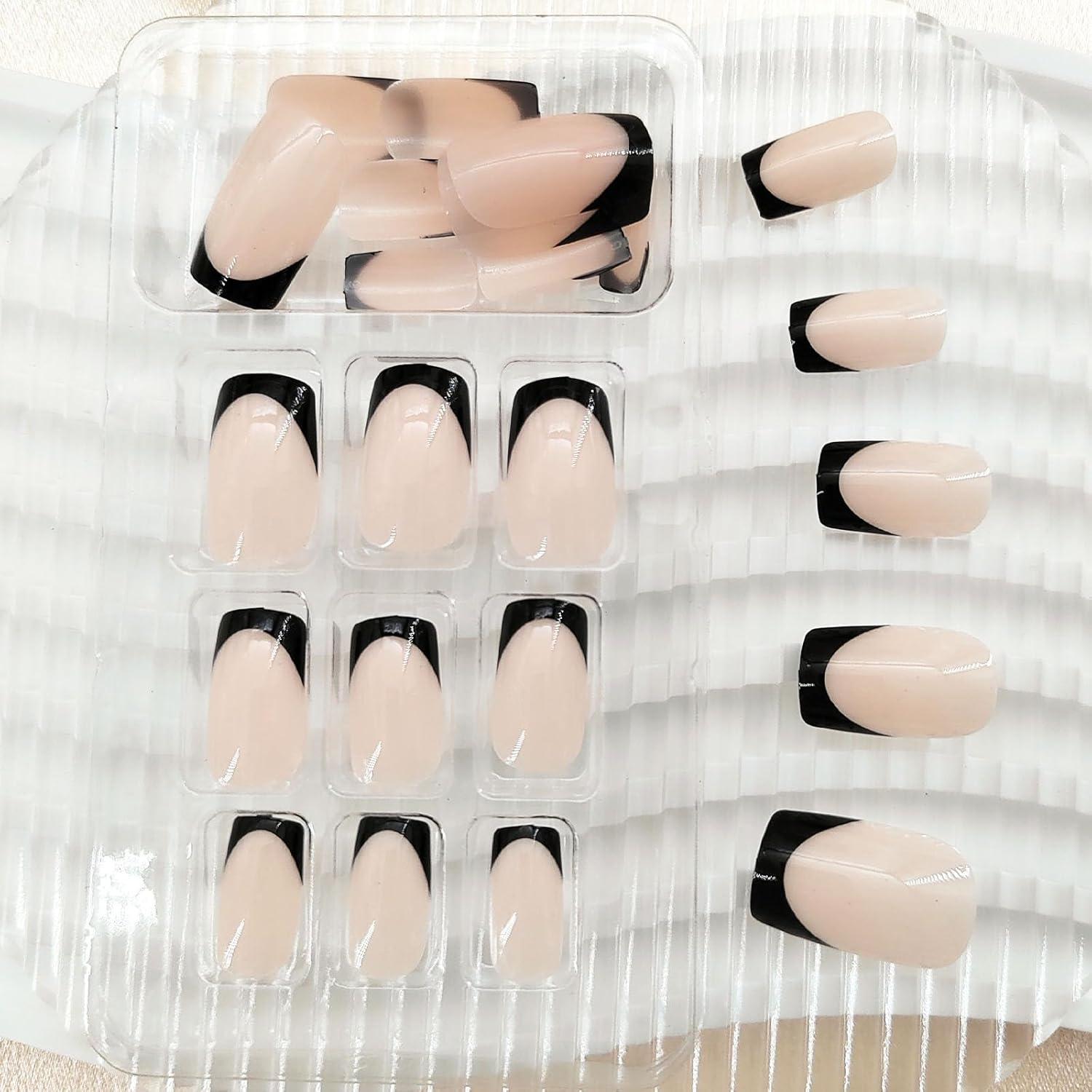 Uñas Postizas Cortas Medias BDRUIXING Punta Francesa Negra 24 Pcs