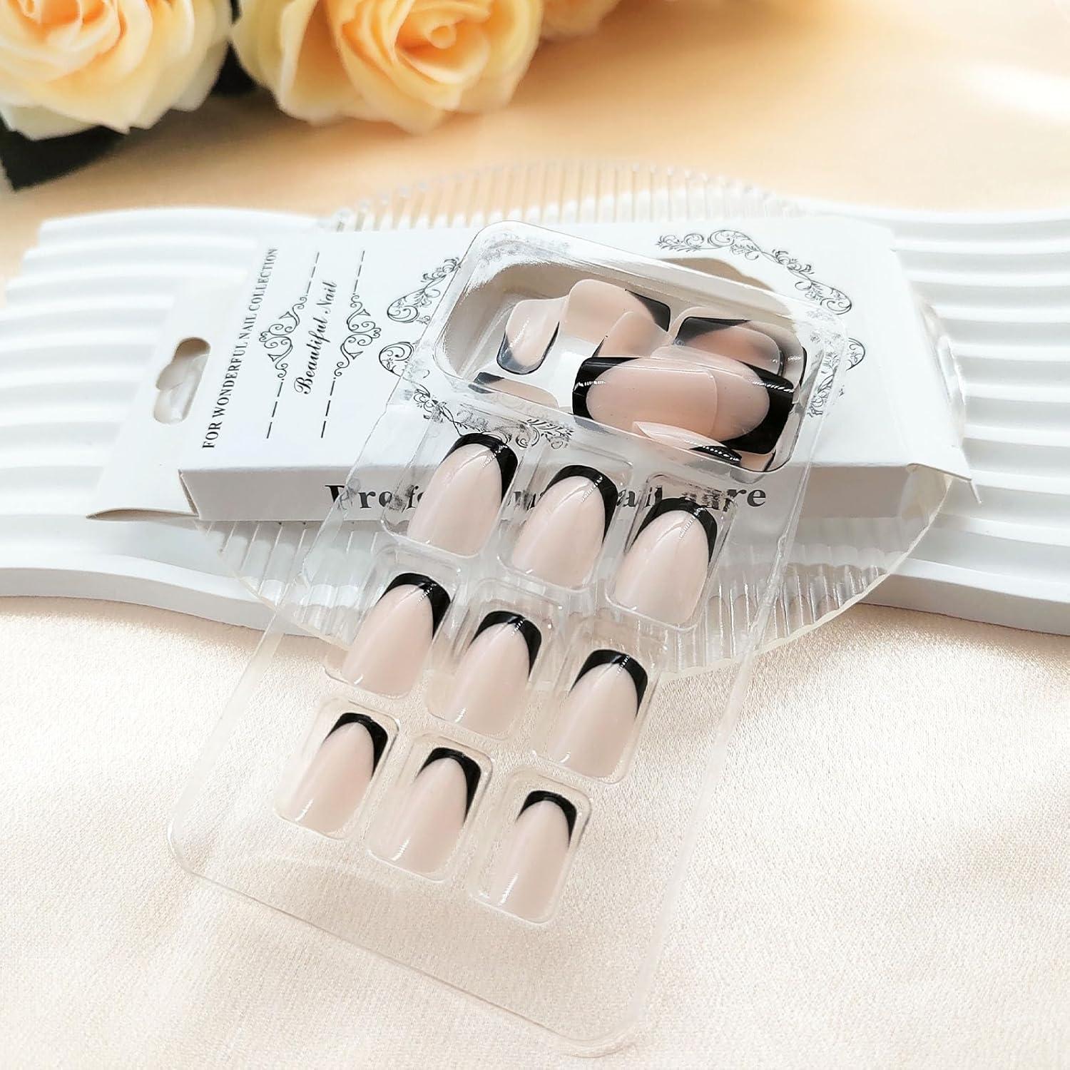 Uñas Postizas Cortas Medias BDRUIXING Punta Francesa Negra 24 Pcs