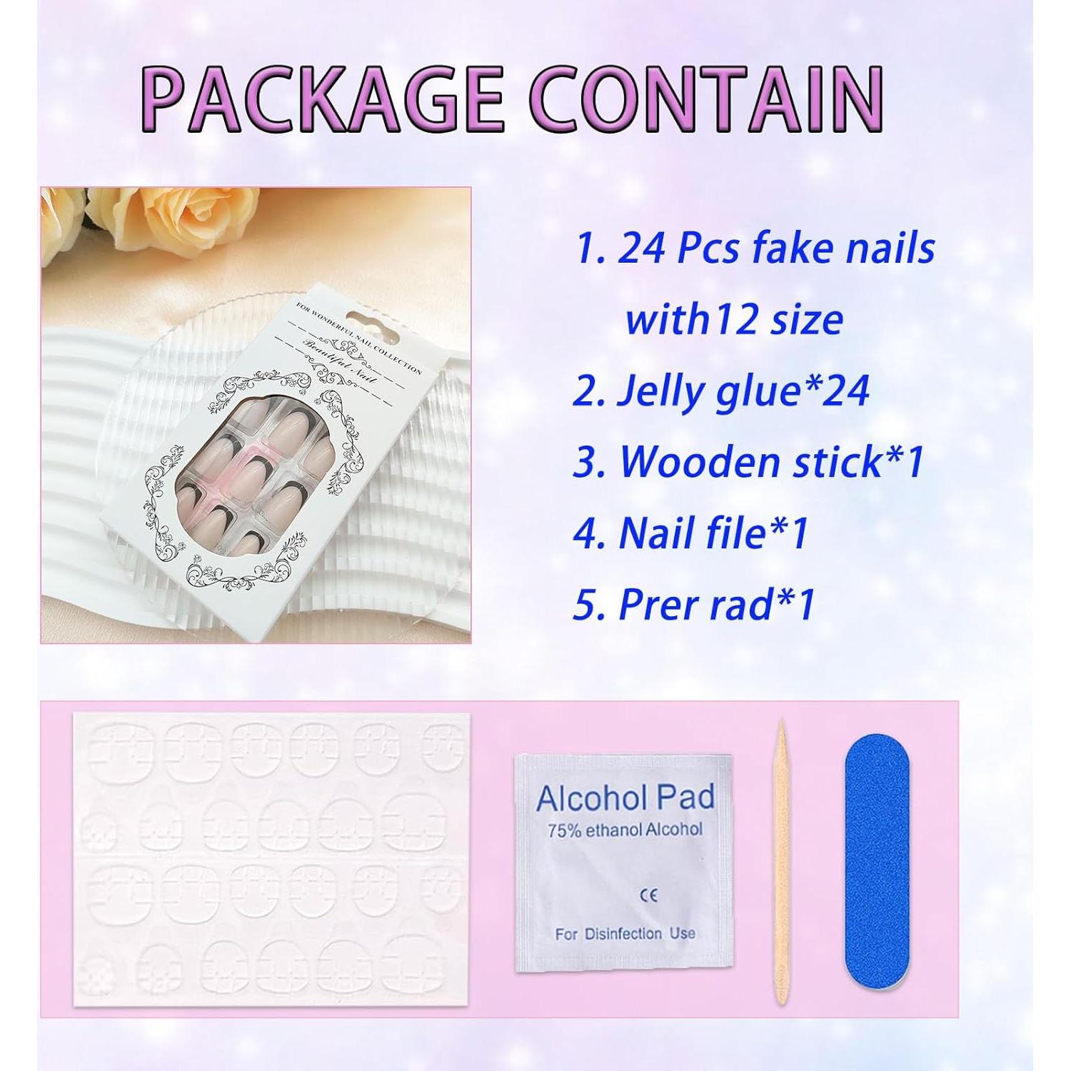 Uñas Postizas Cortas Medias BDRUIXING Punta Francesa Negra 24 Pcs