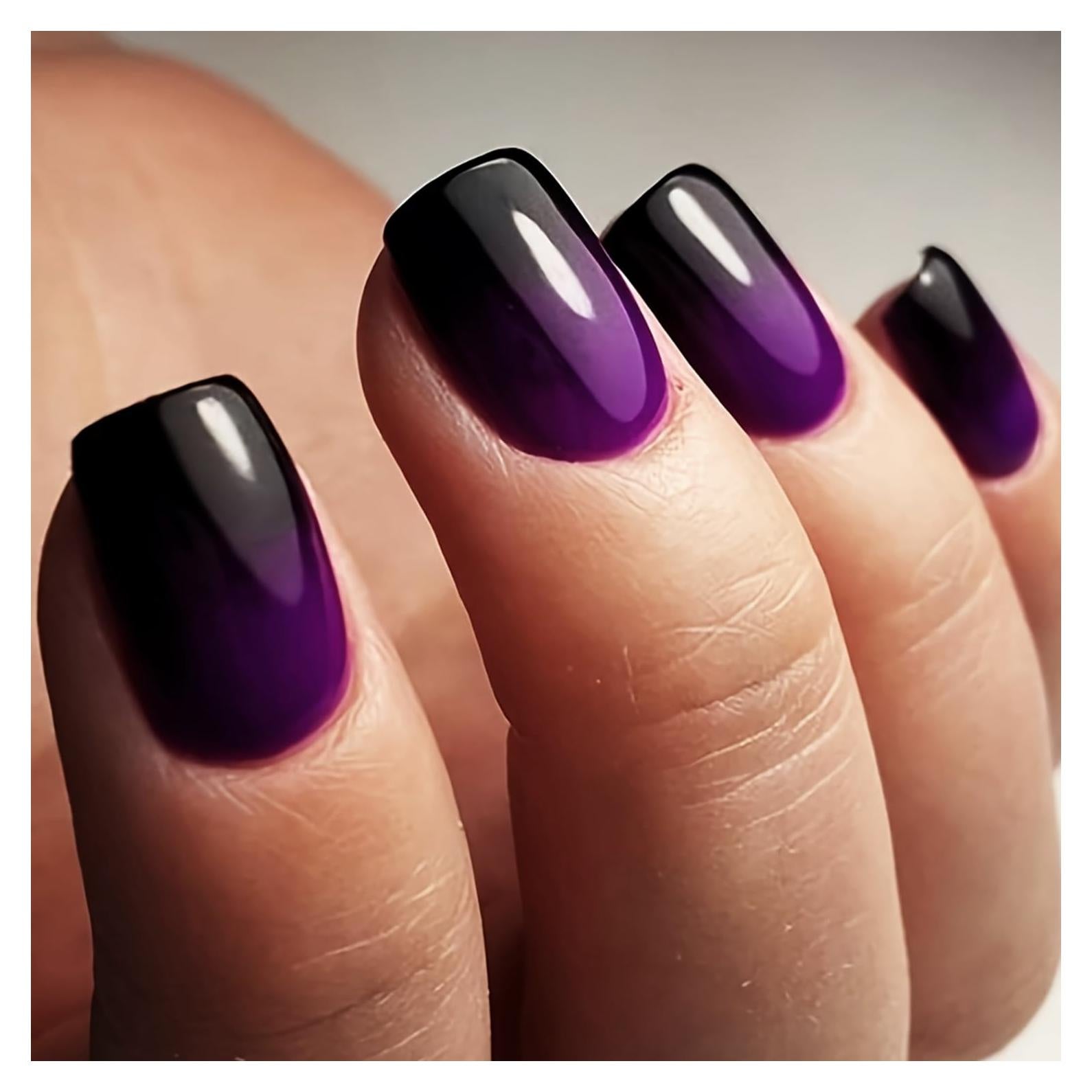 24 Uñas Postizas Cortas Dulyork Negras Moradas Degradado