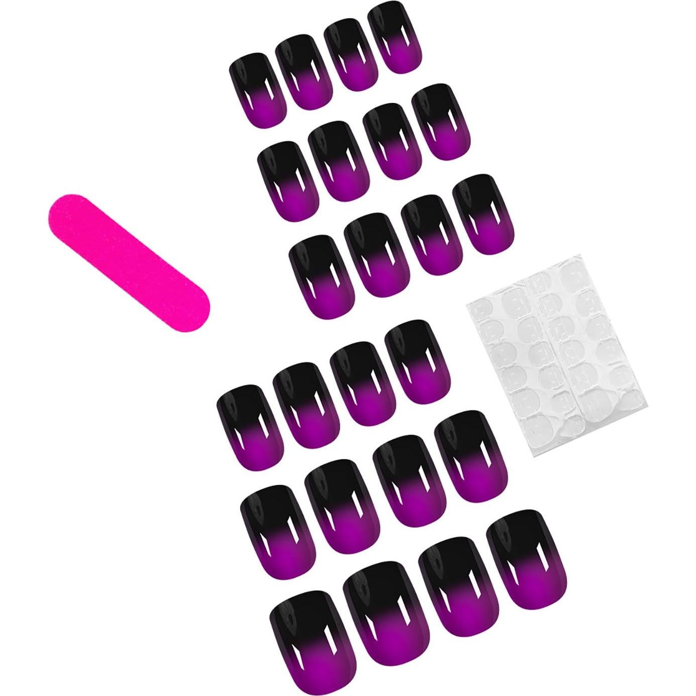 24 Uñas Postizas Cortas Dulyork Negras Moradas Degradado