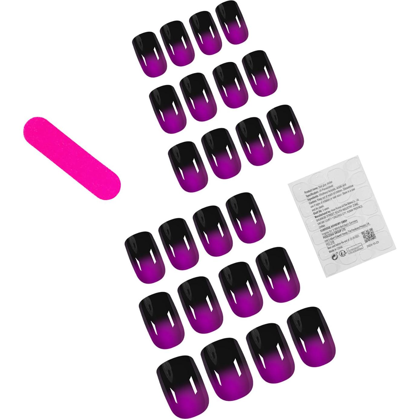 24 Uñas Postizas Cortas Dulyork Negras Moradas Degradado