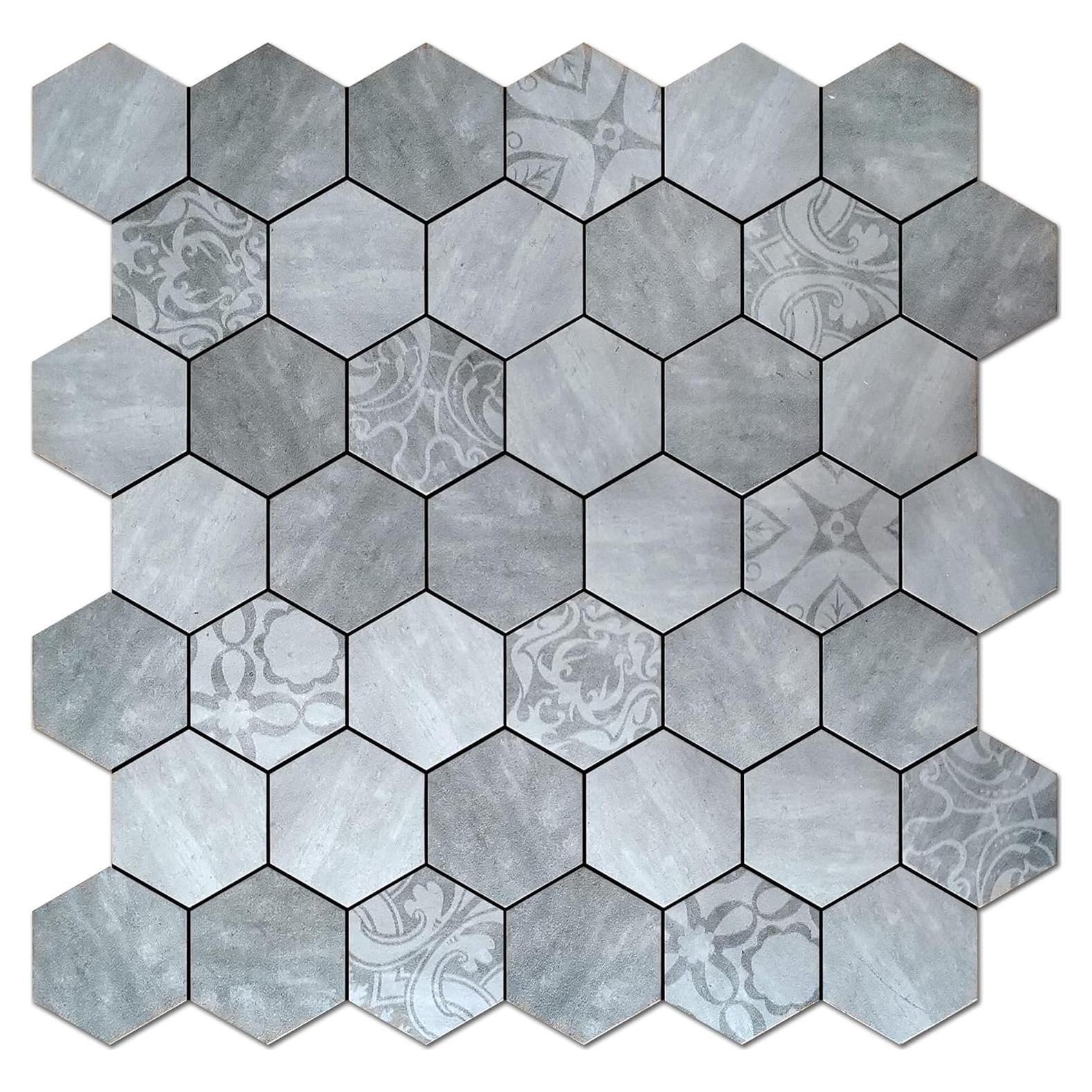 Azulejo Hexagonal Autoadhesivo Kieacia 10 Hojas PVC Floral Gris