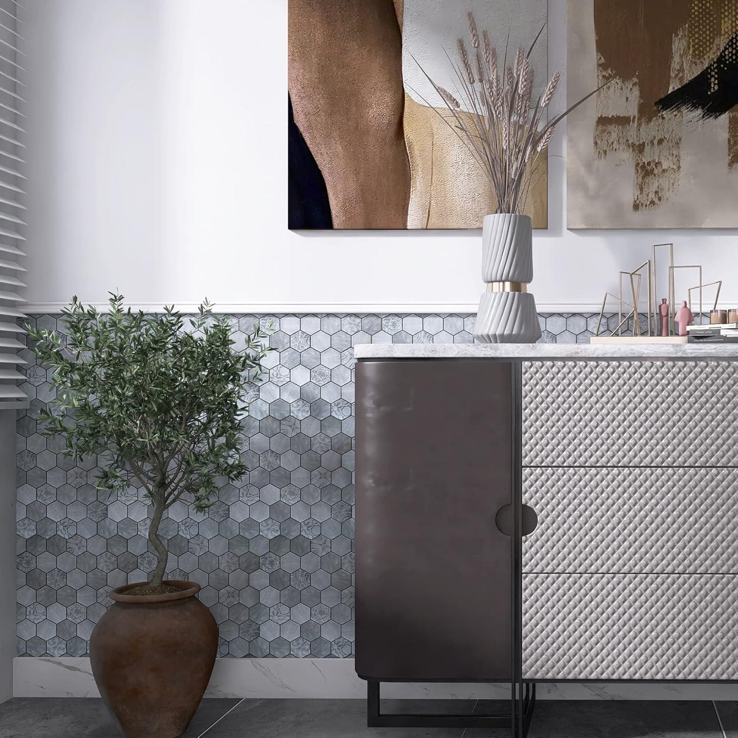 Azulejo Hexagonal Autoadhesivo Kieacia 10 Hojas PVC Floral Gris