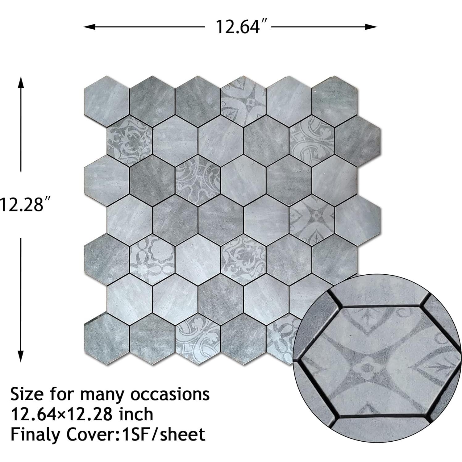 Azulejo Hexagonal Autoadhesivo Kieacia 10 Hojas PVC Floral Gris
