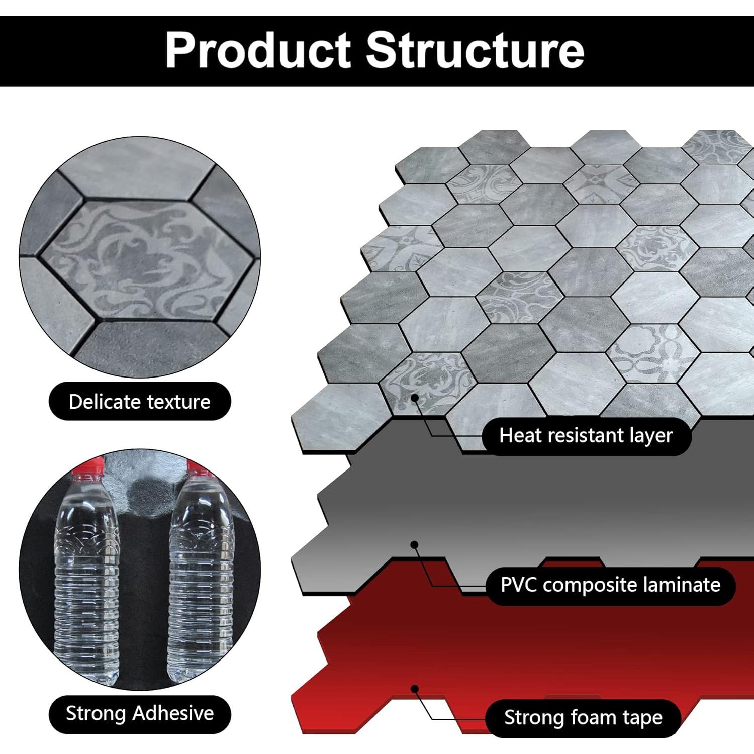 Azulejo Hexagonal Autoadhesivo Kieacia 10 Hojas PVC Floral Gris