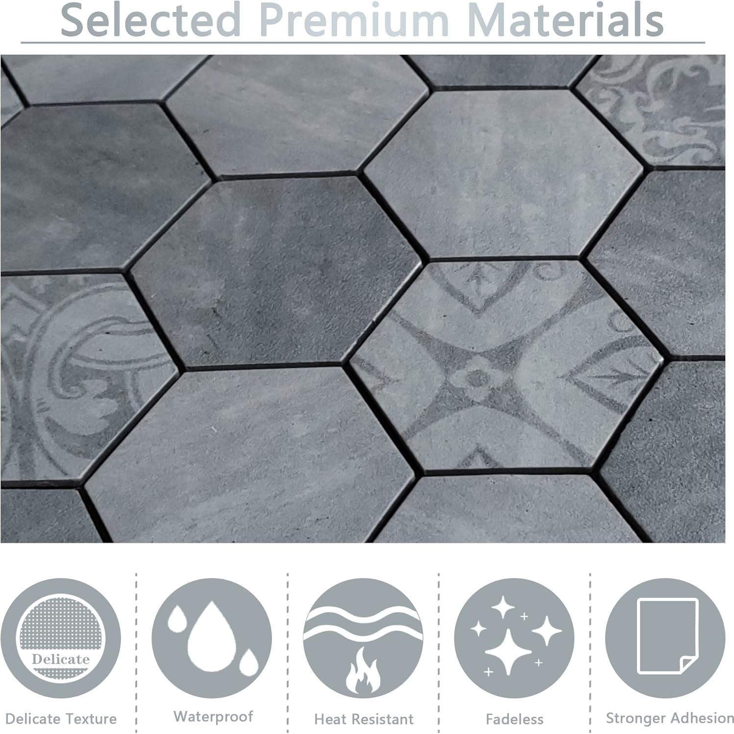 Azulejo Hexagonal Autoadhesivo Kieacia 10 Hojas PVC Floral Gris